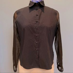 Anne Fontaine Paris Navy blue button down shirt with sheer black sleeves.